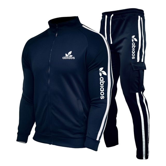 2021 Spring New Brand LOGO Men's Zipper Cardigan Jacket + Sports Pants Suit Striped Running Gym Basketball Jogging 2-Piece Set