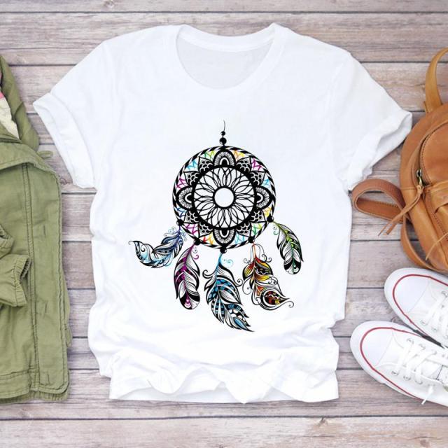 Women 2021 Summer Short Sleeve Dream Feather Fashion Print Lady T-shirts Top T Shirt Ladies Womens Graphic Female Tee T-Shirt