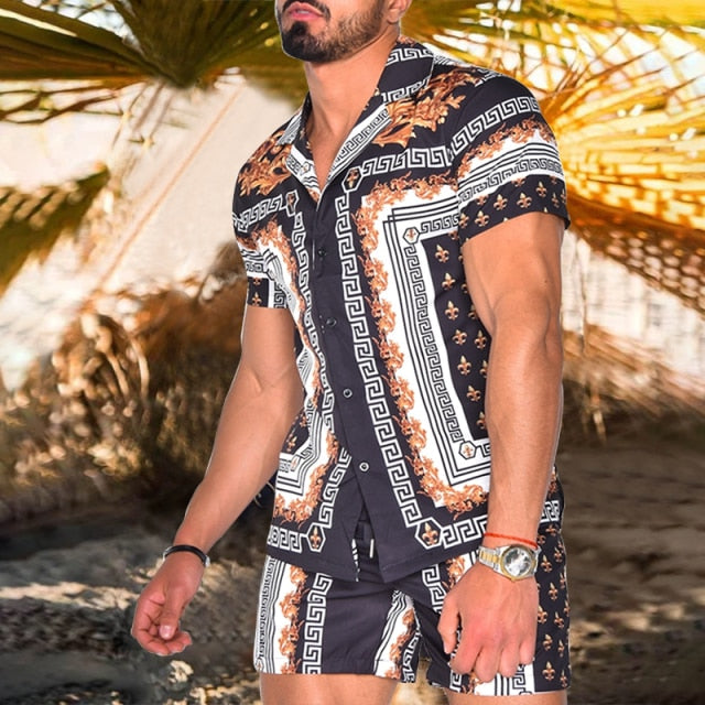 2021 Summer Hawaii Trend Printing Sets Men Hawaii Shorts Shirt Clothing Casual Round Collar Floral Shirt Beach Short Sleeve Suit