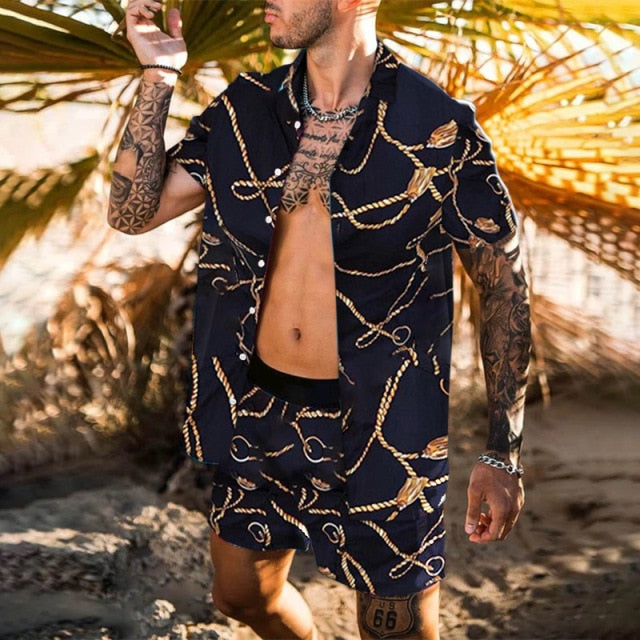 2021 Summer Hawaii Trend Printing Sets Men Hawaii Shorts Shirt Clothing Casual Round Collar Floral Shirt Beach Short Sleeve Suit