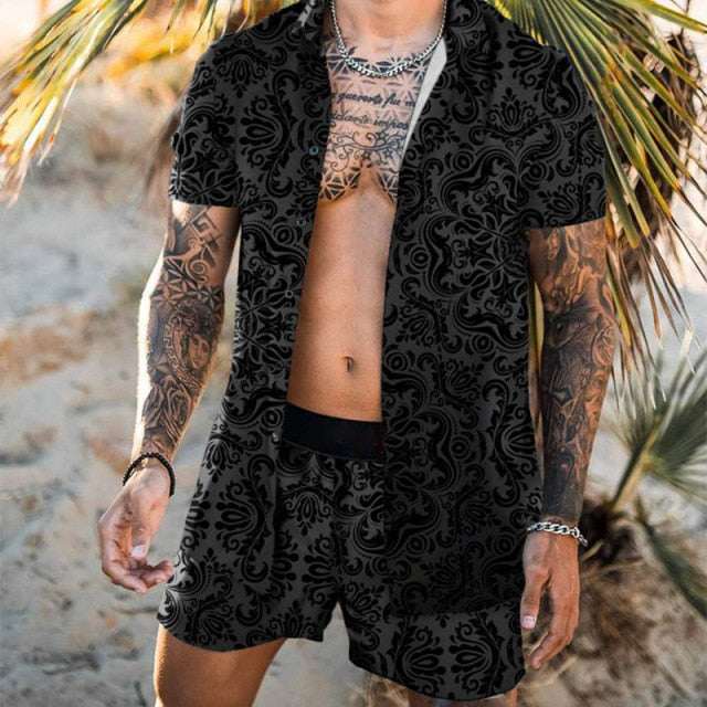 2021 Summer Hawaii Trend Printing Sets Men Hawaii Shorts Shirt Clothing Casual Round Collar Floral Shirt Beach Short Sleeve Suit