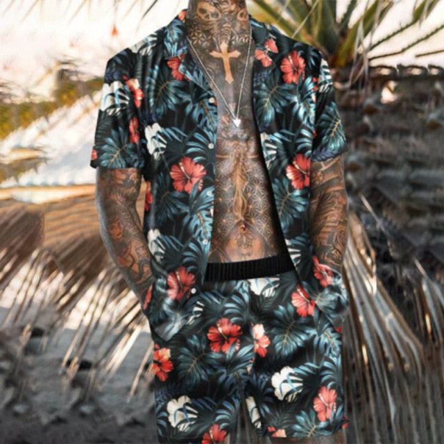 2021 Summer Hawaii Trend Printing Sets Men Hawaii Shorts Shirt Clothing Casual Round Collar Floral Shirt Beach Short Sleeve Suit
