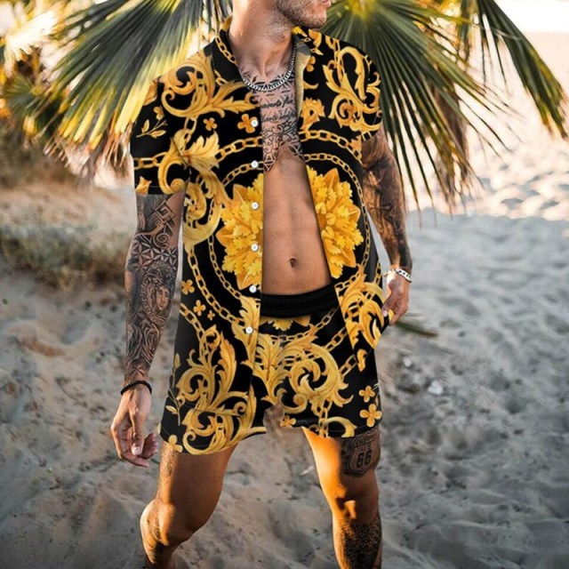 2021 Summer Hawaii Trend Printing Sets Men Hawaii Shorts Shirt Clothing Casual Round Collar Floral Shirt Beach Short Sleeve Suit