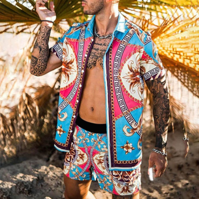 2021 Summer Hawaii Trend Printing Sets Men Hawaii Shorts Shirt Clothing Casual Round Collar Floral Shirt Beach Short Sleeve Suit