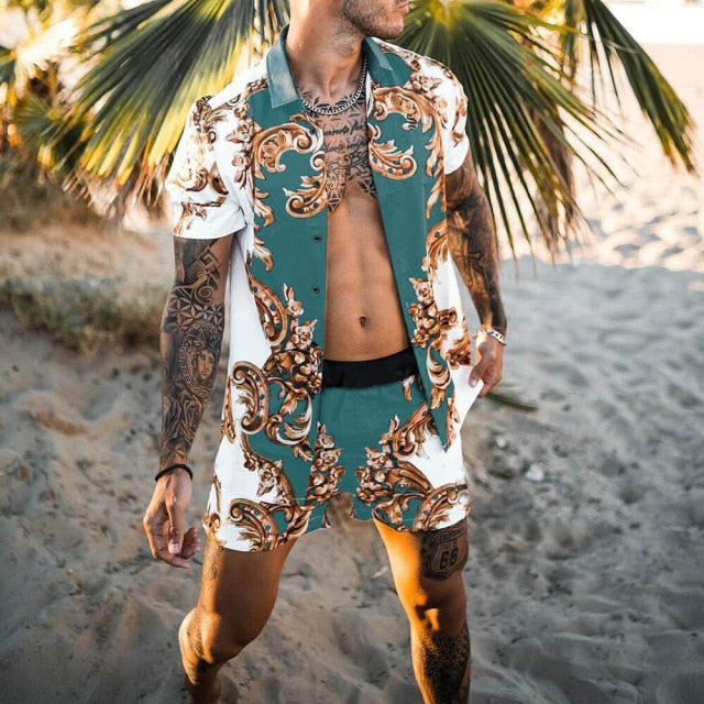 2021 Summer Hawaii Trend Printing Sets Men Hawaii Shorts Shirt Clothing Casual Round Collar Floral Shirt Beach Short Sleeve Suit