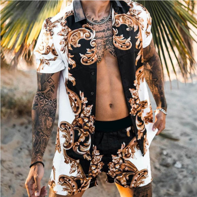 2021 Summer Hawaii Trend Printing Sets Men Hawaii Shorts Shirt Clothing Casual Round Collar Floral Shirt Beach Short Sleeve Suit