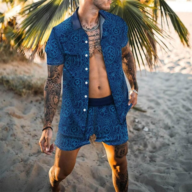 2021 Summer Hawaii Trend Printing Sets Men Hawaii Shorts Shirt Clothing Casual Round Collar Floral Shirt Beach Short Sleeve Suit