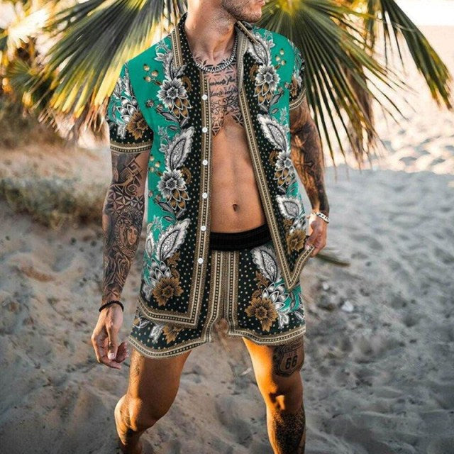 2021 Summer Hawaii Trend Printing Sets Men Hawaii Shorts Shirt Clothing Casual Round Collar Floral Shirt Beach Short Sleeve Suit