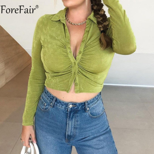 Forefair 2021 Blue Sexy Women Crop Top Y2k V Neck Casual Ruched Long Sleeve Summer Green T Shirt Fashion Female Tee Vintage