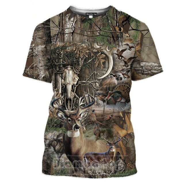 2021 Men's New Top Wild Boar T-shirt Men's Jungle Animal Mallard 3D Printing Hunting Reed Camouflage T-shirt Gun Hidden Deer Fun