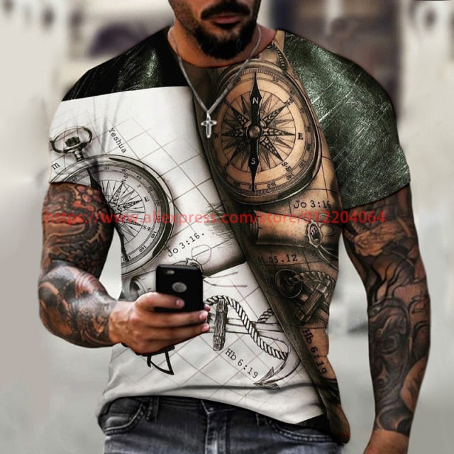 2021 New Men's Summer 3D Printed Compass T-Shirt Hip-Hop Style Large Size T-Shirt Cross Style Short Sleeve Clothing XXS-6XL