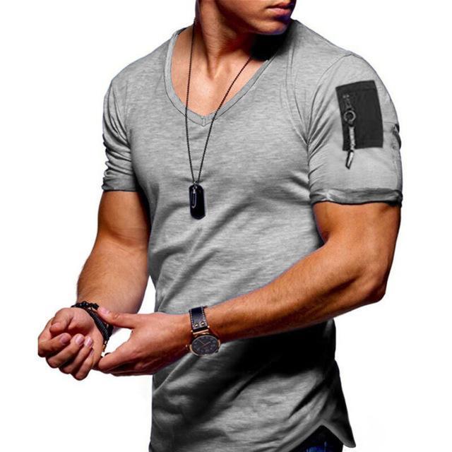 2021 New Summer Zipper Short Sleeved Men T Shirt Casual V Neck Fashion Tshirt Male Fitness Streetwear Tees Tops US Size M-3XL