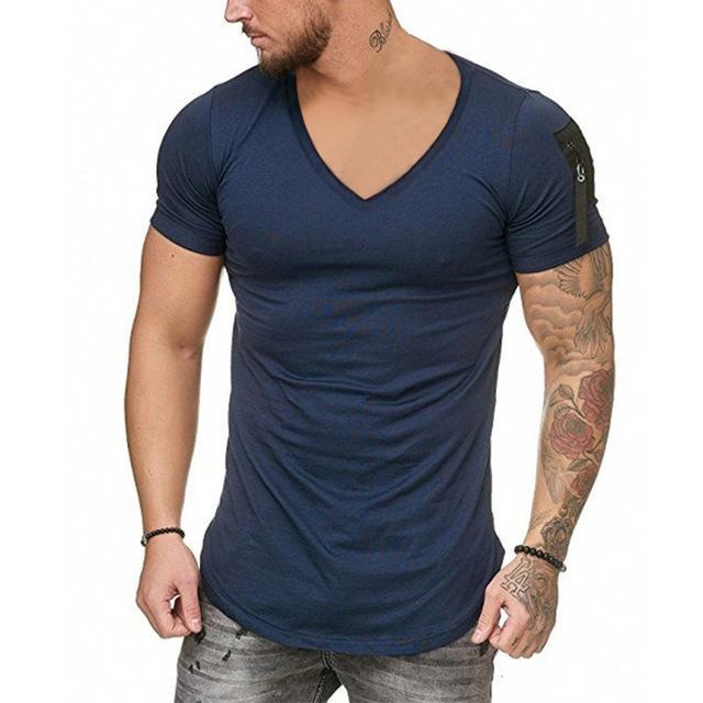 2021 New Summer Zipper Short Sleeved Men T Shirt Casual V Neck Fashion Tshirt Male Fitness Streetwear Tees Tops US Size M-3XL
