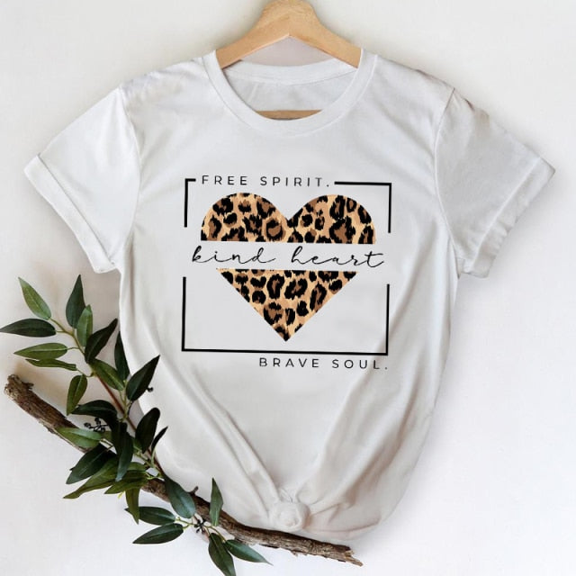 T-shirts Women 2021 Leopard Heart Casual 90s Fashion Trend Printing Clothes Graphic Tshirt Top Lady Print Female Tee T-Shirt