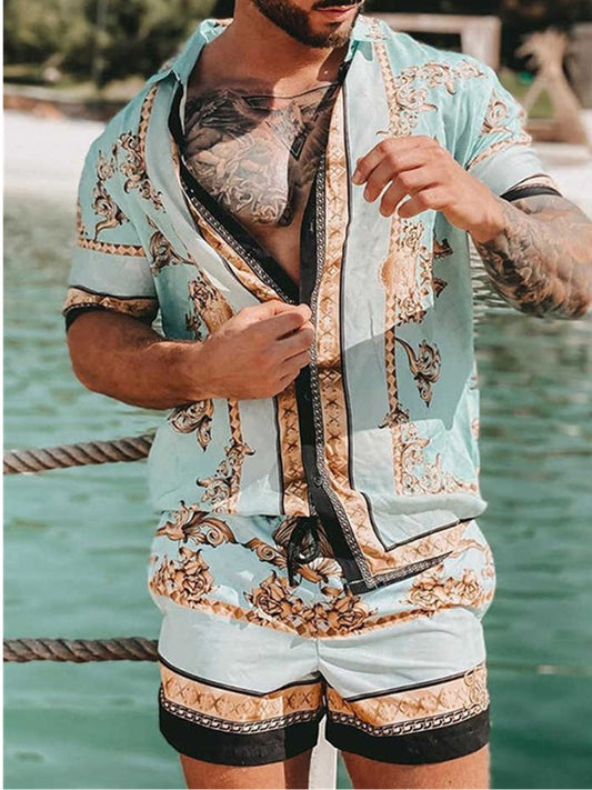 2021 Summer Hawaii Trend Printing Sets Men Hawaii Shorts Shirt Clothing Casual Round Collar Floral Shirt Beach Short Sleeve Suit