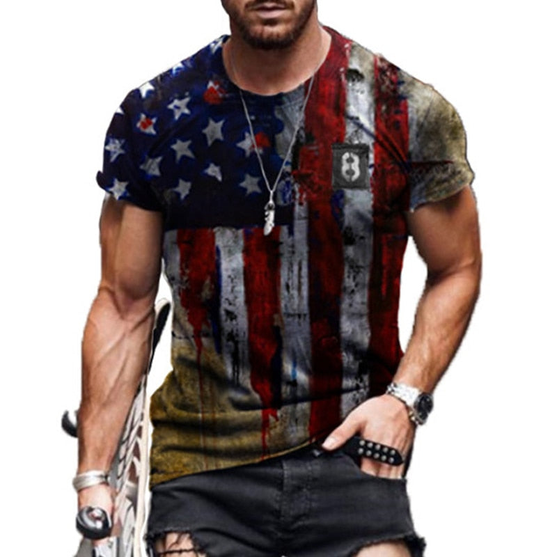 Summer3D Printing American Flag Fashion Handsome MenT-Shirt Casual Breathable Short Sleeve Oversized T-Shirt Fashion O-Neck Tops