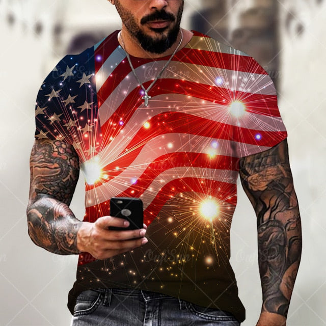 Summer3D Printing American Flag Fashion Handsome MenT-Shirt Casual Breathable Short Sleeve Oversized T-Shirt Fashion O-Neck Tops