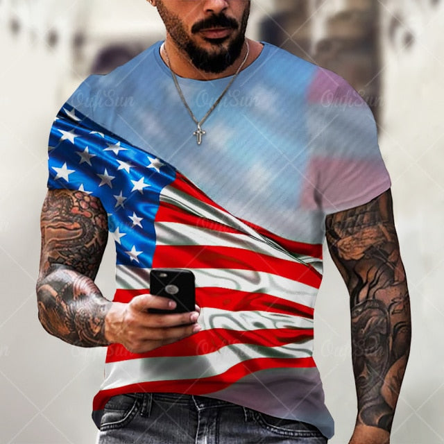 Summer3D Printing American Flag Fashion Handsome MenT-Shirt Casual Breathable Short Sleeve Oversized T-Shirt Fashion O-Neck Tops