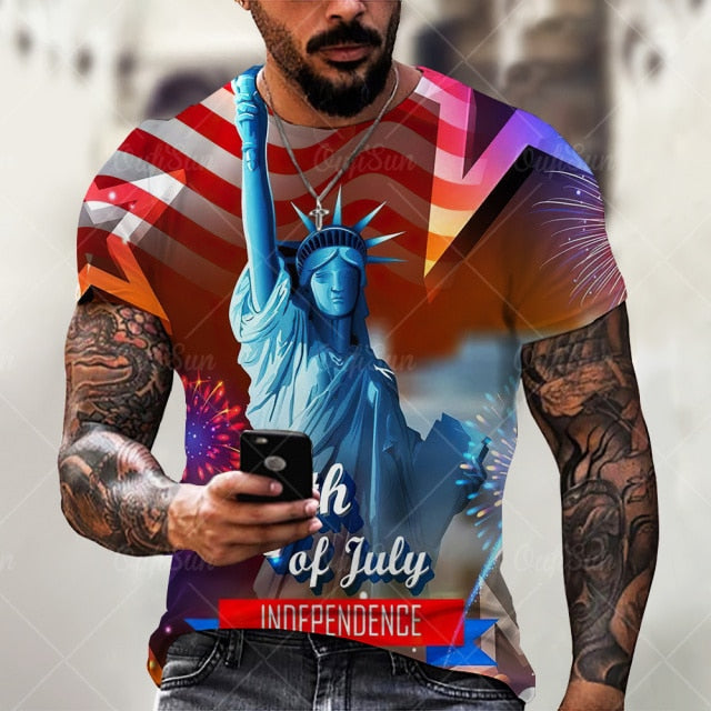Summer3D Printing American Flag Fashion Handsome MenT-Shirt Casual Breathable Short Sleeve Oversized T-Shirt Fashion O-Neck Tops