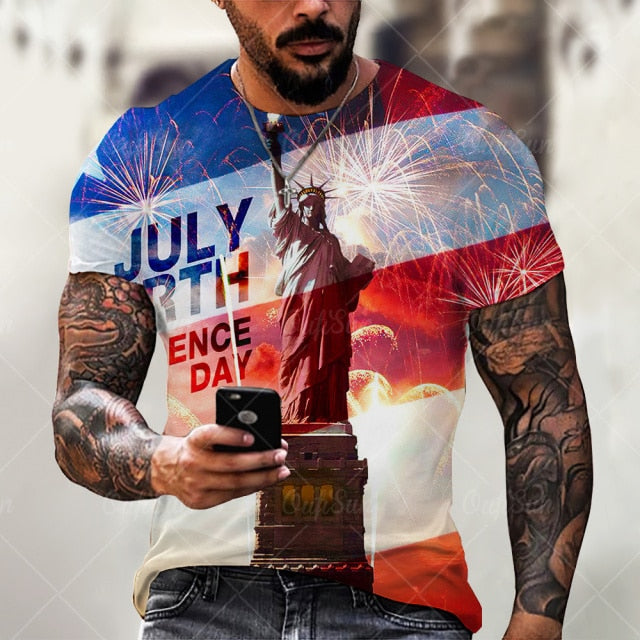 Summer3D Printing American Flag Fashion Handsome MenT-Shirt Casual Breathable Short Sleeve Oversized T-Shirt Fashion O-Neck Tops