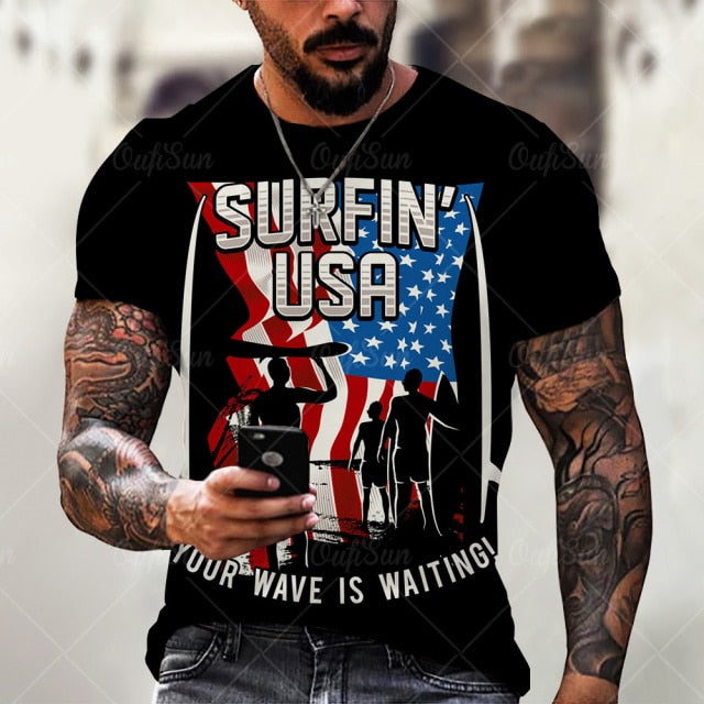 Summer3D Printing American Flag Fashion Handsome MenT-Shirt Casual Breathable Short Sleeve Oversized T-Shirt Fashion O-Neck Tops