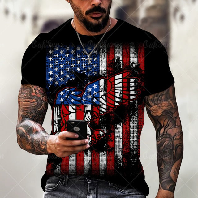Summer3D Printing American Flag Fashion Handsome MenT-Shirt Casual Breathable Short Sleeve Oversized T-Shirt Fashion O-Neck Tops