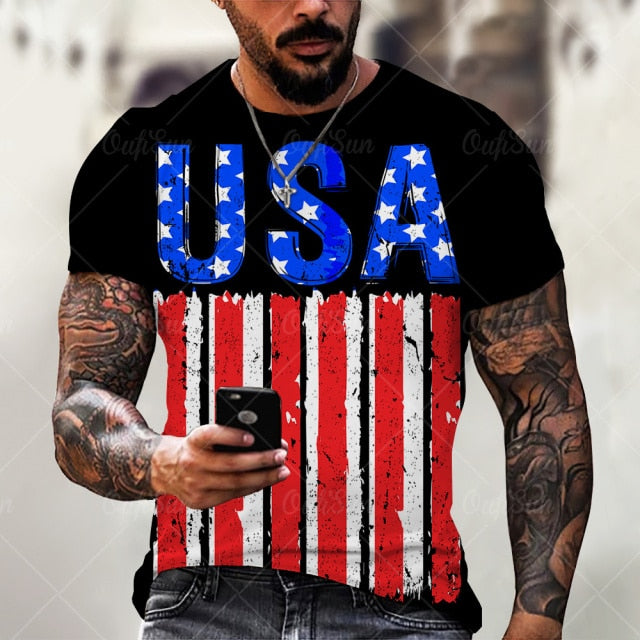 Summer3D Printing American Flag Fashion Handsome MenT-Shirt Casual Breathable Short Sleeve Oversized T-Shirt Fashion O-Neck Tops