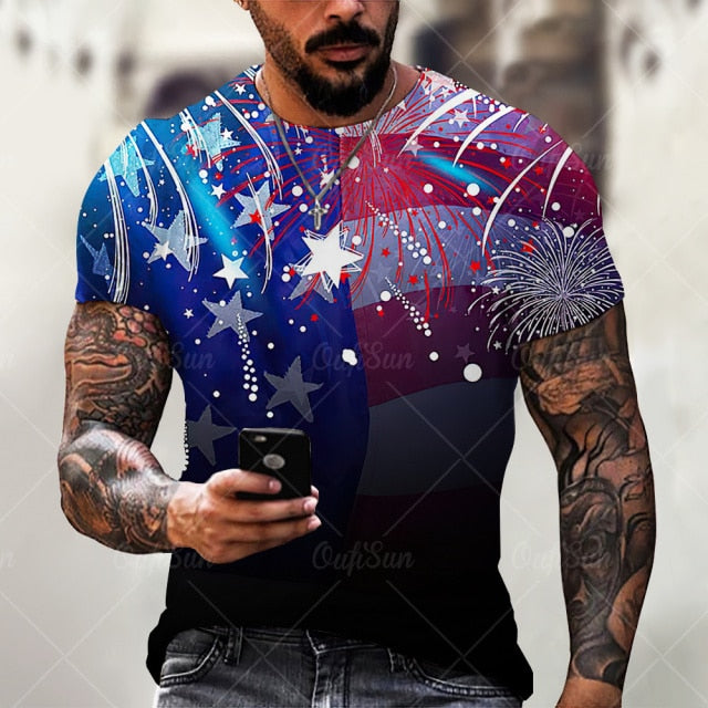 Summer3D Printing American Flag Fashion Handsome MenT-Shirt Casual Breathable Short Sleeve Oversized T-Shirt Fashion O-Neck Tops