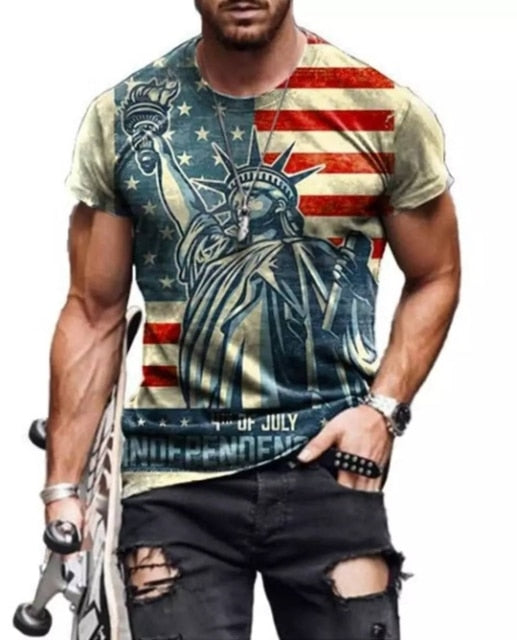 Summer3D Printing American Flag Fashion Handsome MenT-Shirt Casual Breathable Short Sleeve Oversized T-Shirt Fashion O-Neck Tops