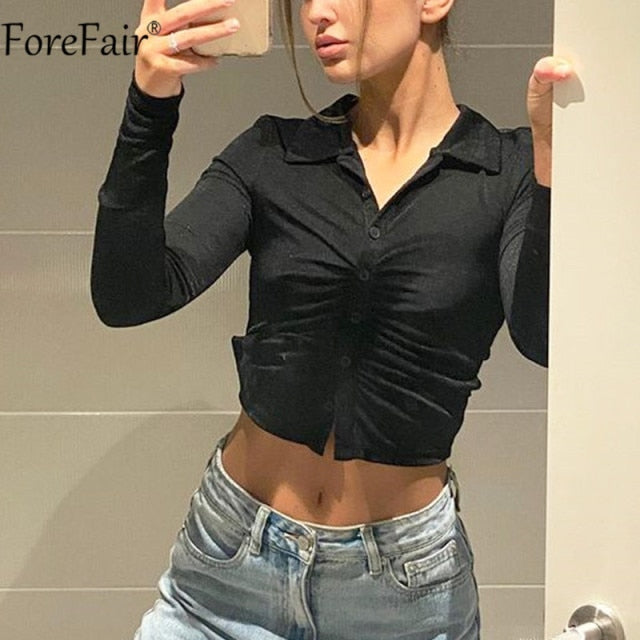 Forefair 2021 Blue Sexy Women Crop Top Y2k V Neck Casual Ruched Long Sleeve Summer Green T Shirt Fashion Female Tee Vintage