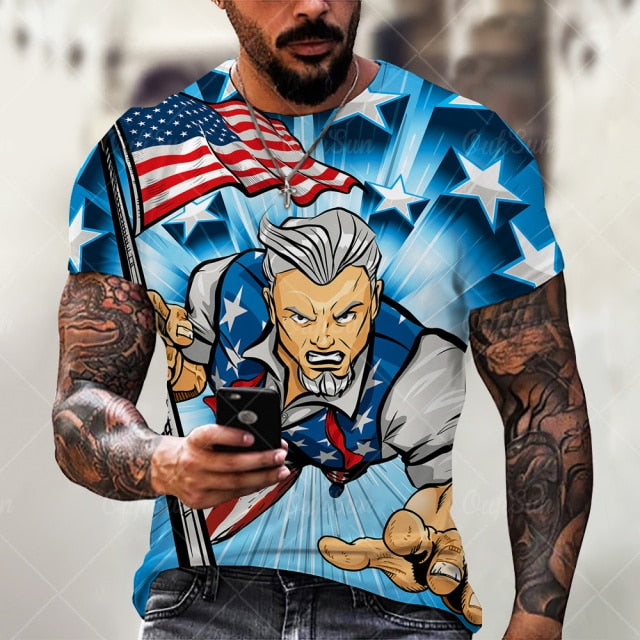 Summer3D Printing American Flag Fashion Handsome MenT-Shirt Casual Breathable Short Sleeve Oversized T-Shirt Fashion O-Neck Tops