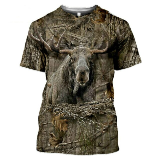 2021 Summer New Men's T-shirt Hunting Animal Moose/rabbit 3D Printing Short-sleeved Street Casual Clothing