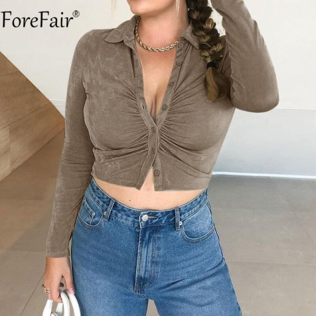 Forefair 2021 Blue Sexy Women Crop Top Y2k V Neck Casual Ruched Long Sleeve Summer Green T Shirt Fashion Female Tee Vintage