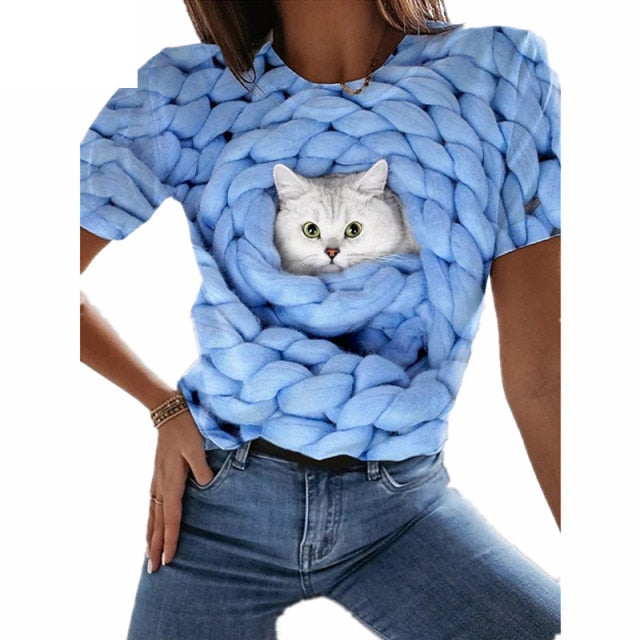 2021 Summer New Fashion 3D Printing Kawaii Cute Pocket Cat Male/Female T-shirt Street Personality Wild Loose Breathable Oversize