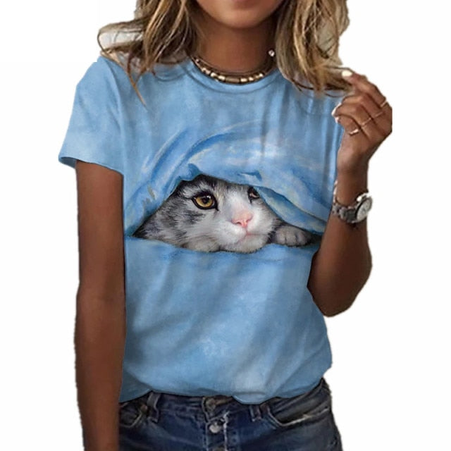 2021 Summer New Fashion 3D Printing Kawaii Cute Pocket Cat Male/Female T-shirt Street Personality Wild Loose Breathable Oversize
