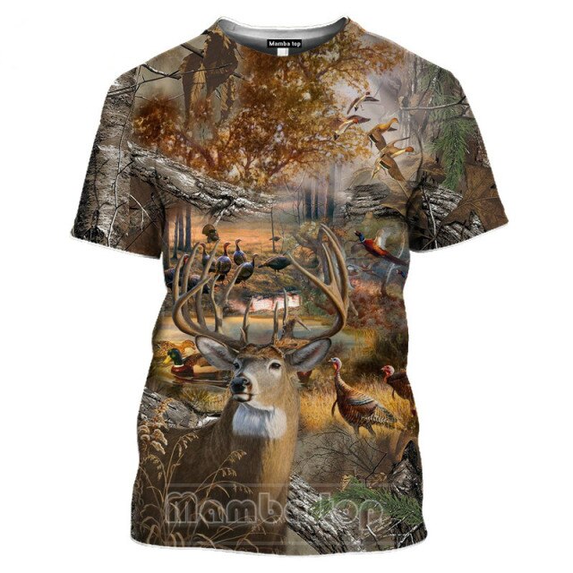 2021 Men's New Top Wild Boar T-shirt Men's Jungle Animal Mallard 3D Printing Hunting Reed Camouflage T-shirt Gun Hidden Deer Fun