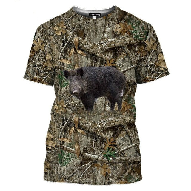2021 Men's New Top Wild Boar T-shirt Men's Jungle Animal Mallard 3D Printing Hunting Reed Camouflage T-shirt Gun Hidden Deer Fun